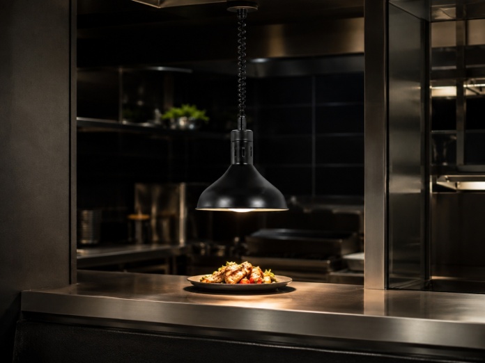 Czarna lampa do podgrzewania potraw HENDI 273678 nad stanowiskiem wydawczym